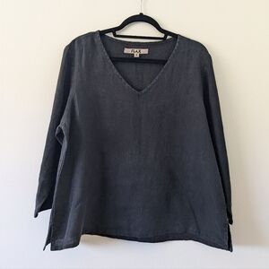 Flax Black Boxy Linen V-Neck 3/4 Sleeve Shirt Womens Medium